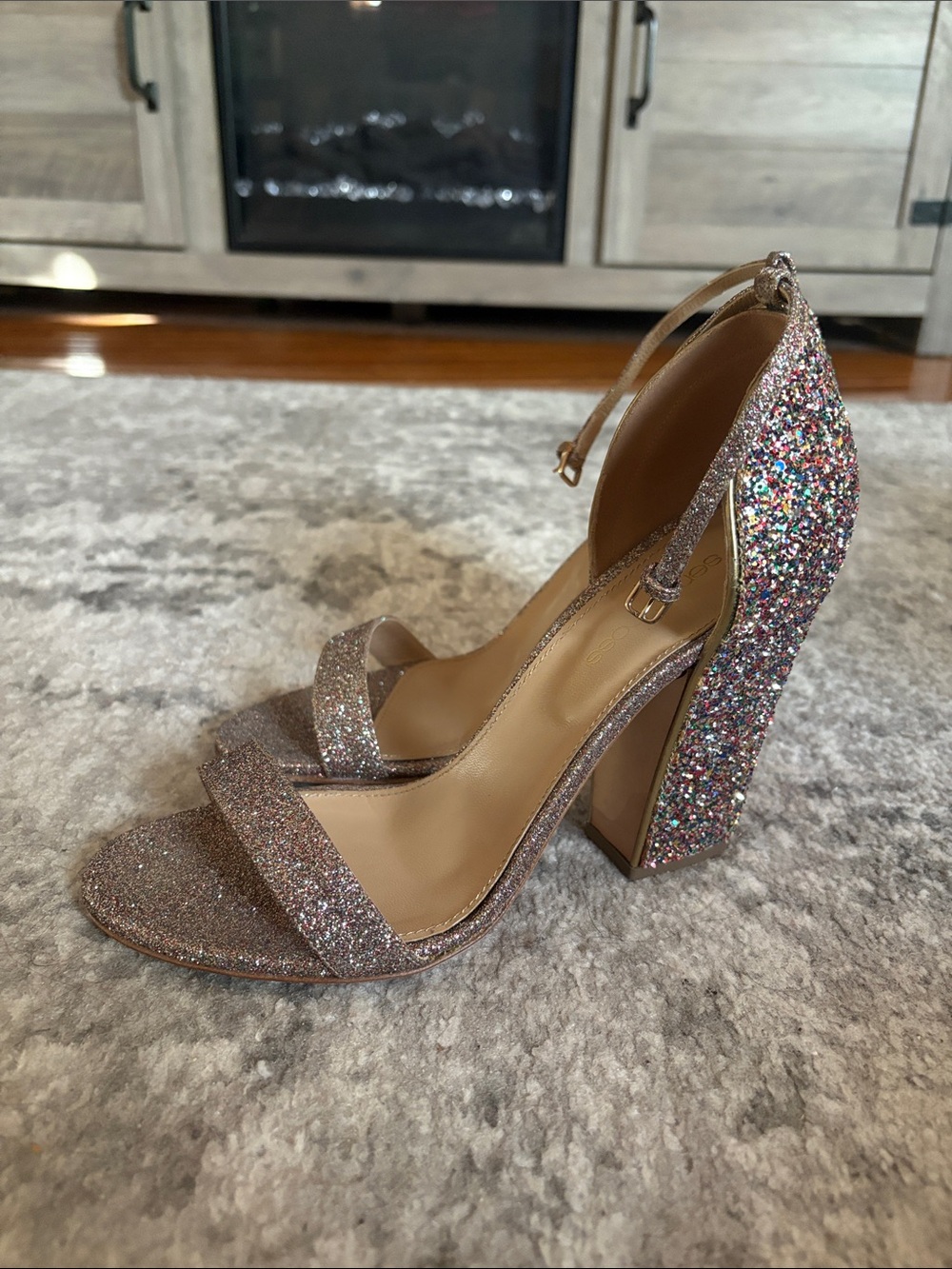 Sergio Rossi Glitter Block Heel Ankle-Strap Sandals in Rose-Gold Sparkle